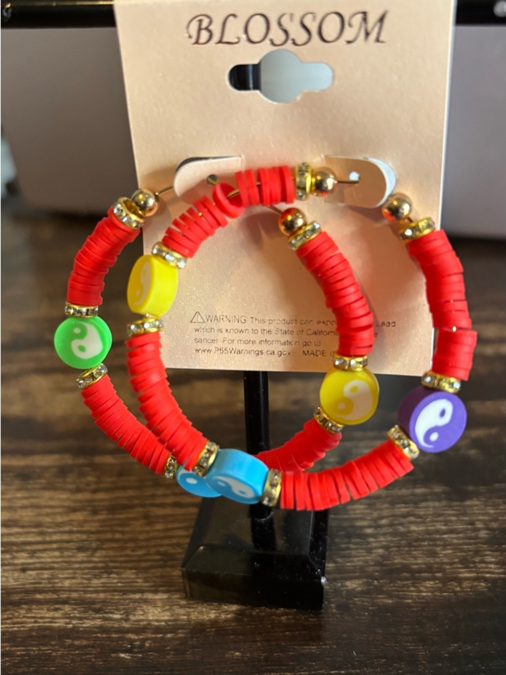 Orange Heishi Bead Boho Hoop Earrings with Multicolor Yin Yang Charms